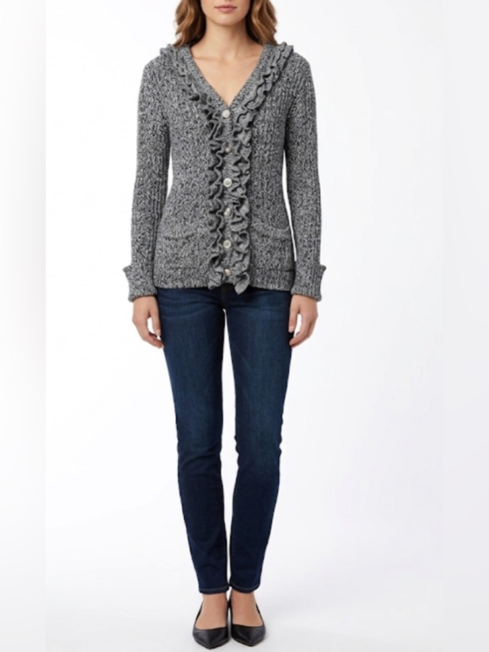 Ruby Rd Women’s Front Ruffle Jewel Button Up Grey Cardigan with Pockets Sz M